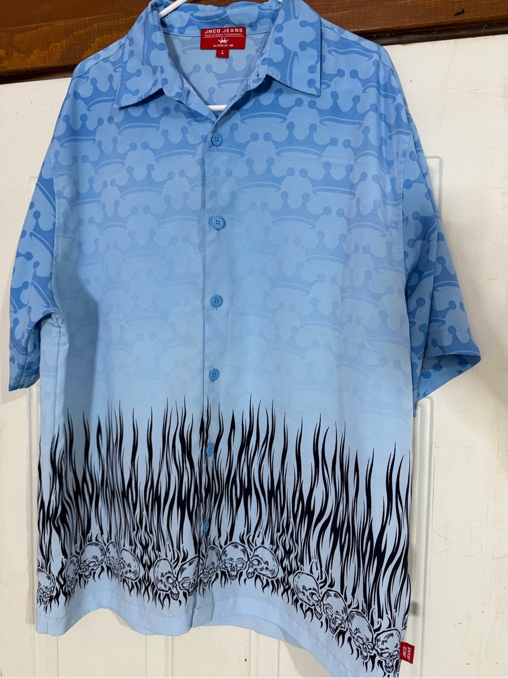JNCO Jeans Y2K Skull Flame Button Up Shirt Blue Crown Print Size Large